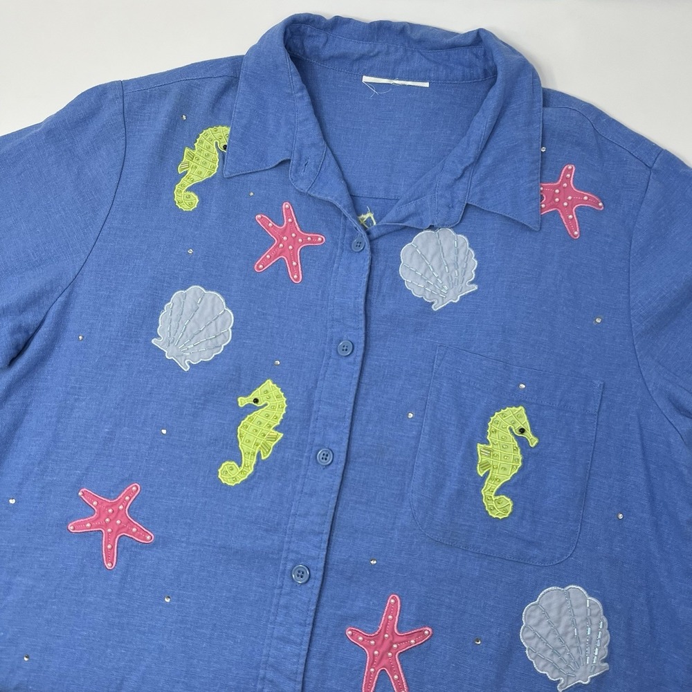 Quaker Factory Shell Seahorse M Short Sleeve‎ Top Embellished Vtg Single Stitch